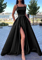 A-line Square Neckline Spaghetti Straps Long/Floor-Length Satin Prom Dresses With Split Pockets