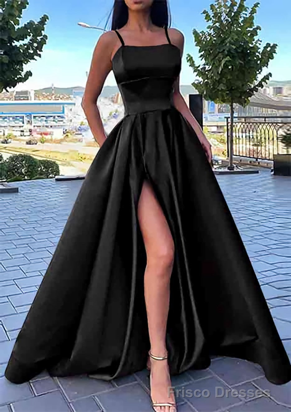 A-line Square Neckline Spaghetti Straps Long/Floor-Length Satin Prom D –  Frisco Dresses