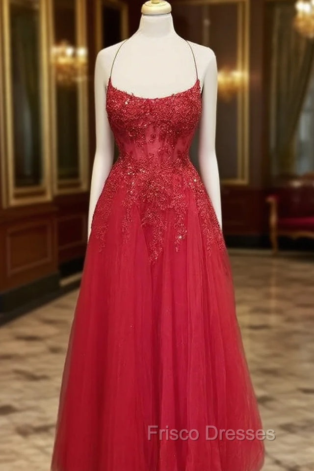 A-line Square Neckline Spaghetti Straps Long/Floor-Length Tulle Formal Prom Dress With Appliqued Beading Glitter