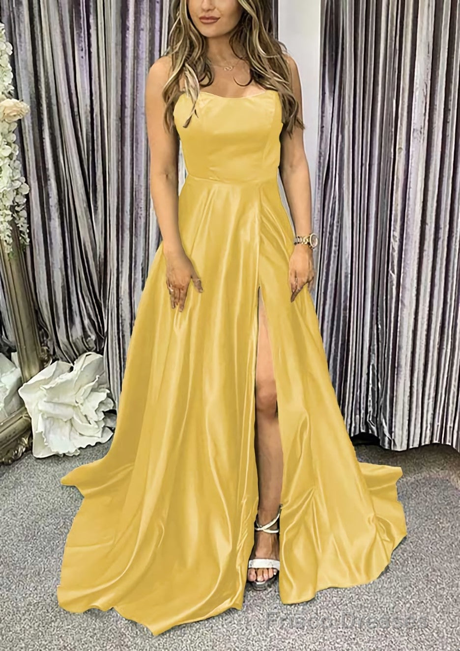 A-line Square Neckline Spaghetti Straps Sweep Train Charmeuse Prom Dresses