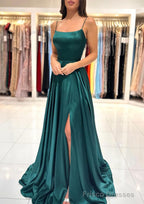 A-line Square Neckline Spaghetti Straps Sweep Train Charmeuse Prom Dresses With Split
