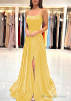 A-line Square Neckline Spaghetti Straps Sweep Train Charmeuse Prom Dresses With Split