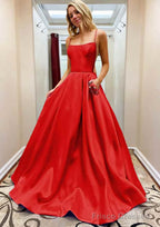 A-line Square Neckline Spaghetti Straps Sweep Train Satin Prom Dresses With Beading Pockets