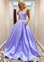 A-line Square Neckline Spaghetti Straps Sweep Train Satin Prom Dresses With Beading Pockets