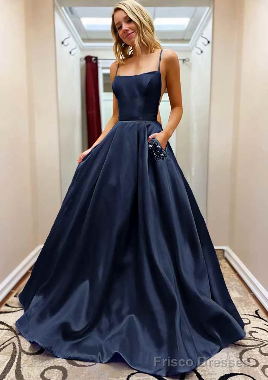 A-line Square Neckline Spaghetti Straps Sweep Train Satin Prom Dresses With Beading Pockets