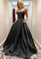 A-line Square Neckline Spaghetti Straps Sweep Train Satin Prom Dresses With Beading Pockets