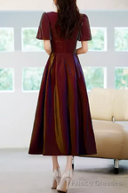 A Line Square Party Dress Knee Length Burgundy Prom Dress
