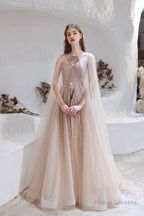 A Line Strapless Beading Tulle Court Train Prom Dresses