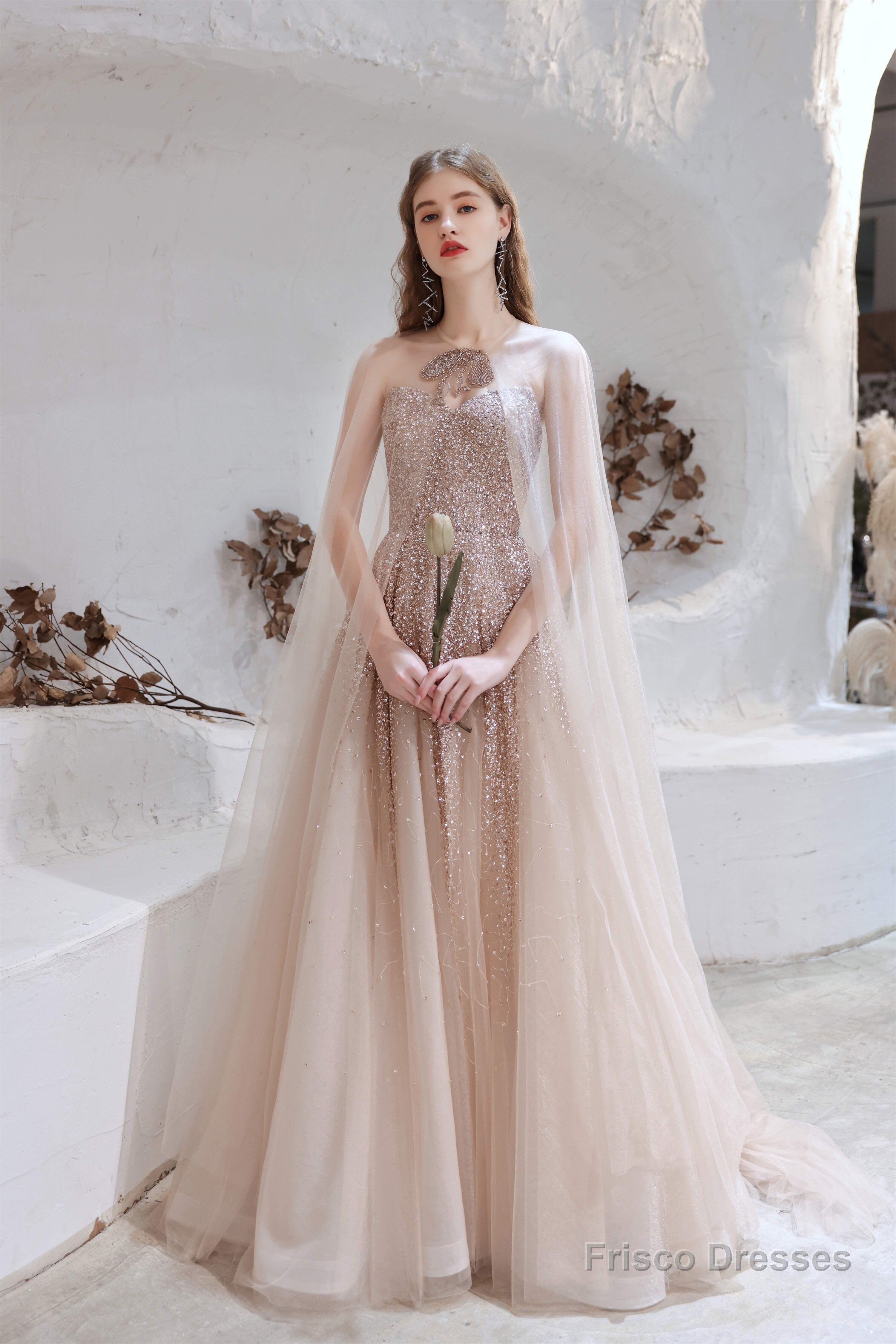 A Line Strapless Beading Tulle Court Train Prom Dresses