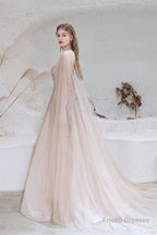 A Line Strapless Beading Tulle Court Train Prom Dresses