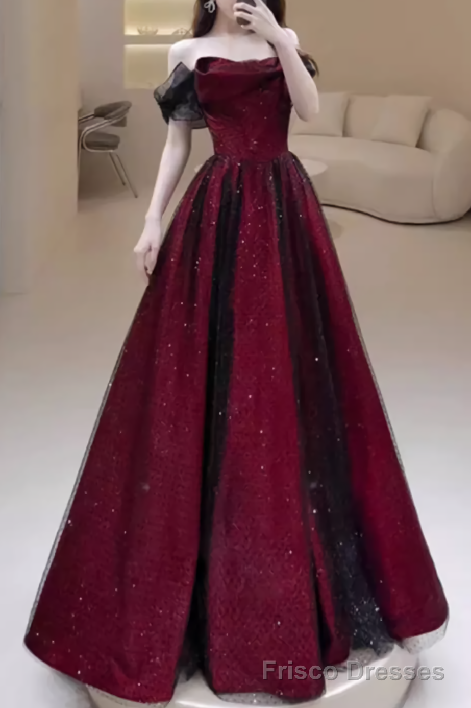 A line Strapless Black Party Dress Long Burgundy Prom Dress