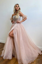 A Line Strapless Blush Corset Organza Prom Dress