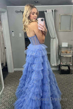 A Line Strapless Corset Glitter Tulle Formal Prom Dress with Ruffles