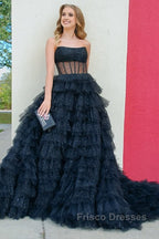 A Line Strapless Corset Glitter Tulle Formal Prom Dress with Ruffles