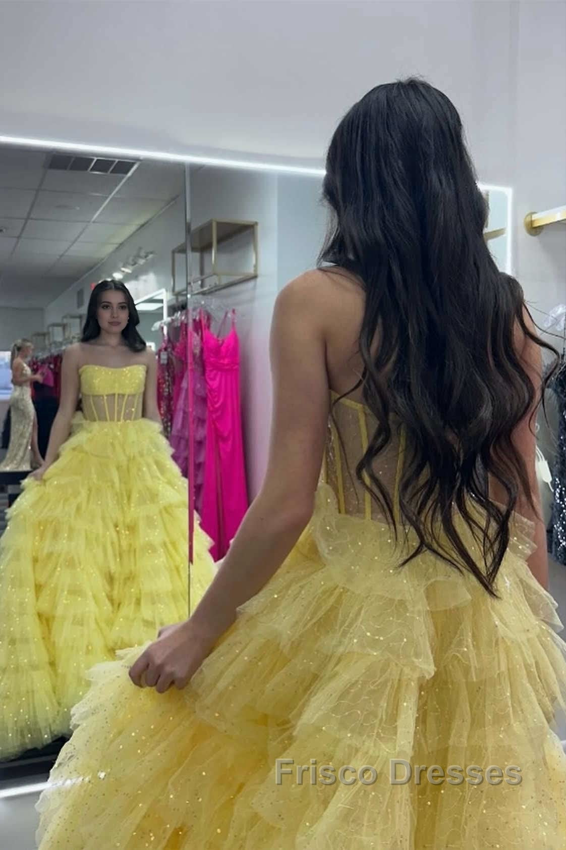 A Line Strapless Corset Glitter Tulle Formal Prom Dress with Ruffles