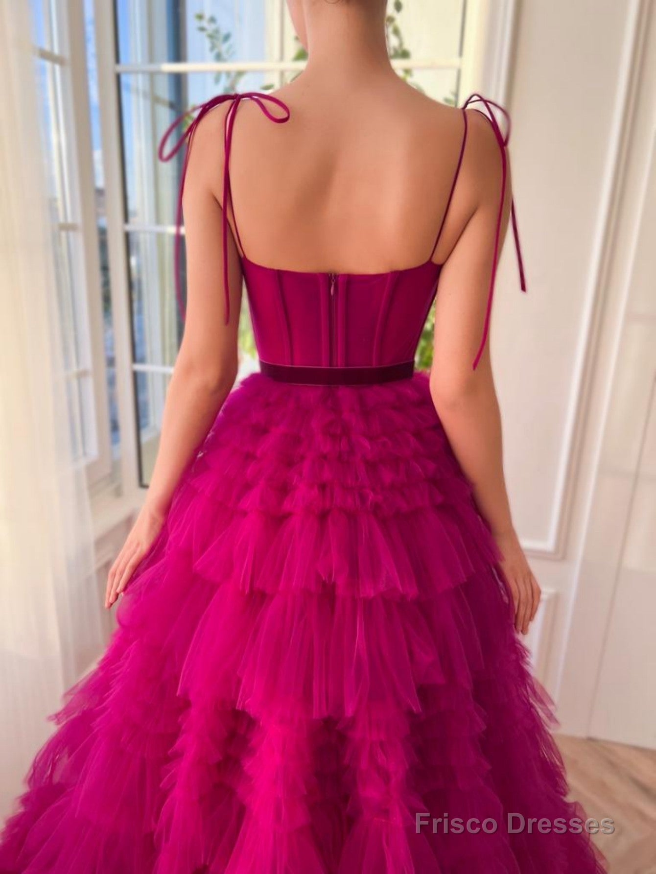 A Line Strapless Fuchsia Tiered Long Tulle Prom Dress Secondary image