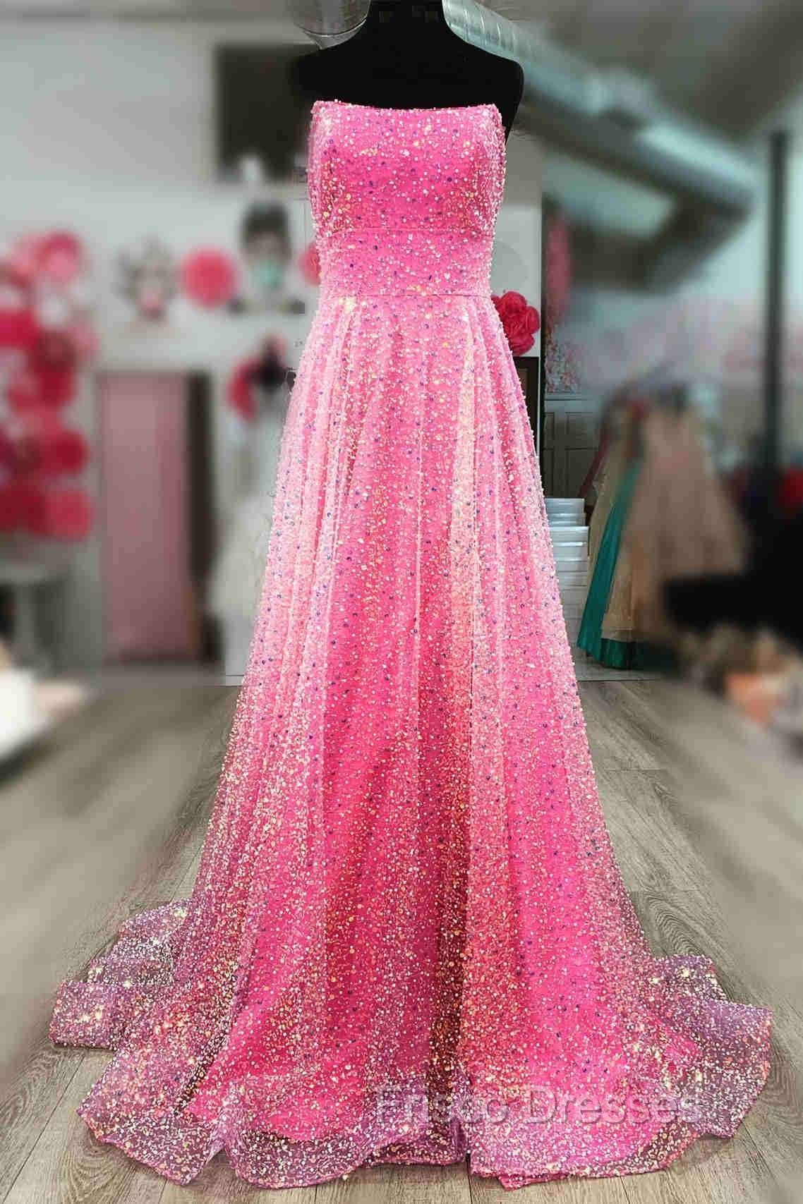 A-Line Strapless Hot Pink Sequins Long Formal Prom Dress Secondary image