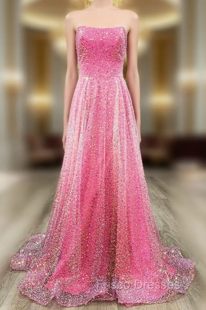 A-Line Strapless Hot Pink Sequins Long Formal Prom Dress Main image