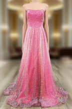 A-Line Strapless Hot Pink Sequins Long Formal Prom Dress