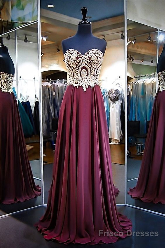 A Line Strapless Long Burgundy Chiffon Gold Lace Prom Dress Main image
