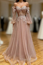 A-Line Strapless Long Lace Formal Prom Dress, Sweetheart Neck Tulle Evening Party Dress