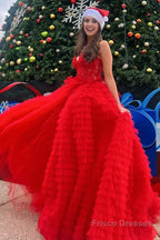 A-line Strapless Multi-Layers Tulle Prom Dress with Slit