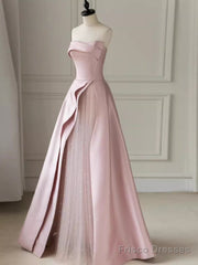 A Line Strapless Pink Party Dress Long Satin Prom Dress