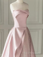 A Line Strapless Pink Party Dress Long Satin Formal Prom Dress