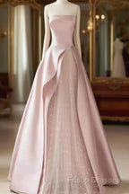 A Line Strapless Pink Party Dress Long Satin Formal Prom Dress