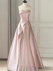 A Line Strapless Pink Party Dress Long Satin Prom Dress