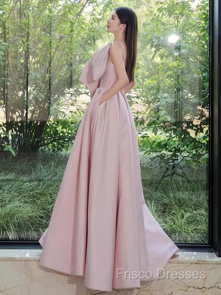 A Line Strapless Pink Satin Long Formal Prom Dress Party Dress