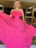 A-Line Strapless Pink Tiered Long Tulle Prom Dress