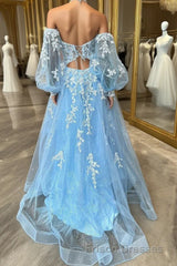 A-line Strapless Puff Long Sleeves Beaded Appliques Long Formal Prom Dress