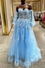 A-line Strapless Puff Long Sleeves Beaded Appliques Long Formal Prom Dress