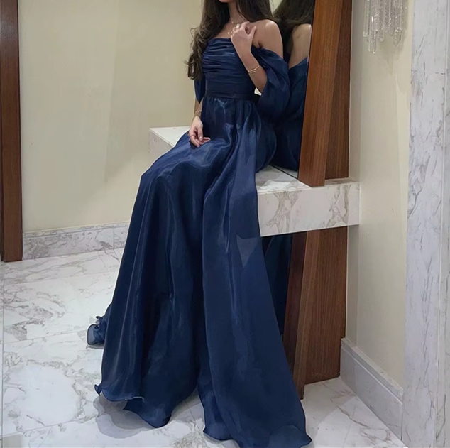A Line Strapless Royal Blue Long Prom Dress With Straps