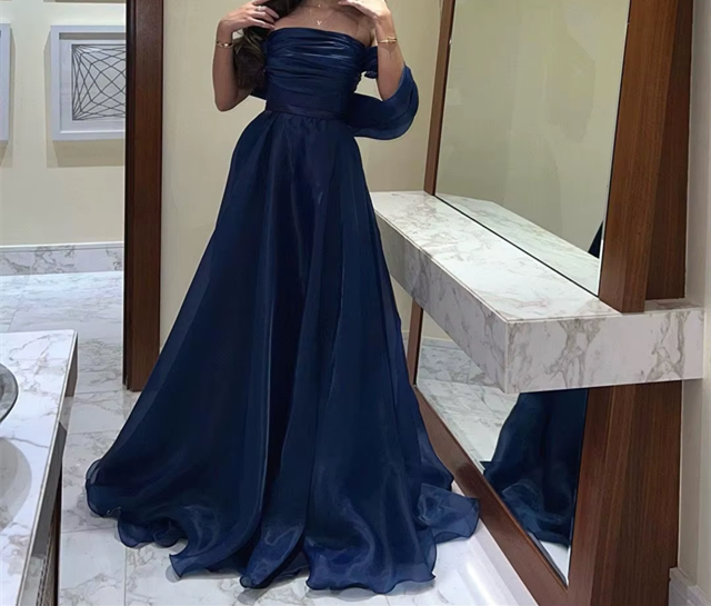 A Line Strapless Royal Blue Long Prom Dress With Straps