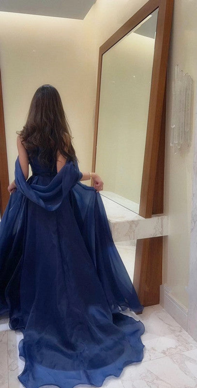A Line Strapless Royal Blue Long Prom Dress With Straps