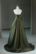 A-Line Strapless Satin Long Formal Prom Dress, Dark Green Evening Party Dress