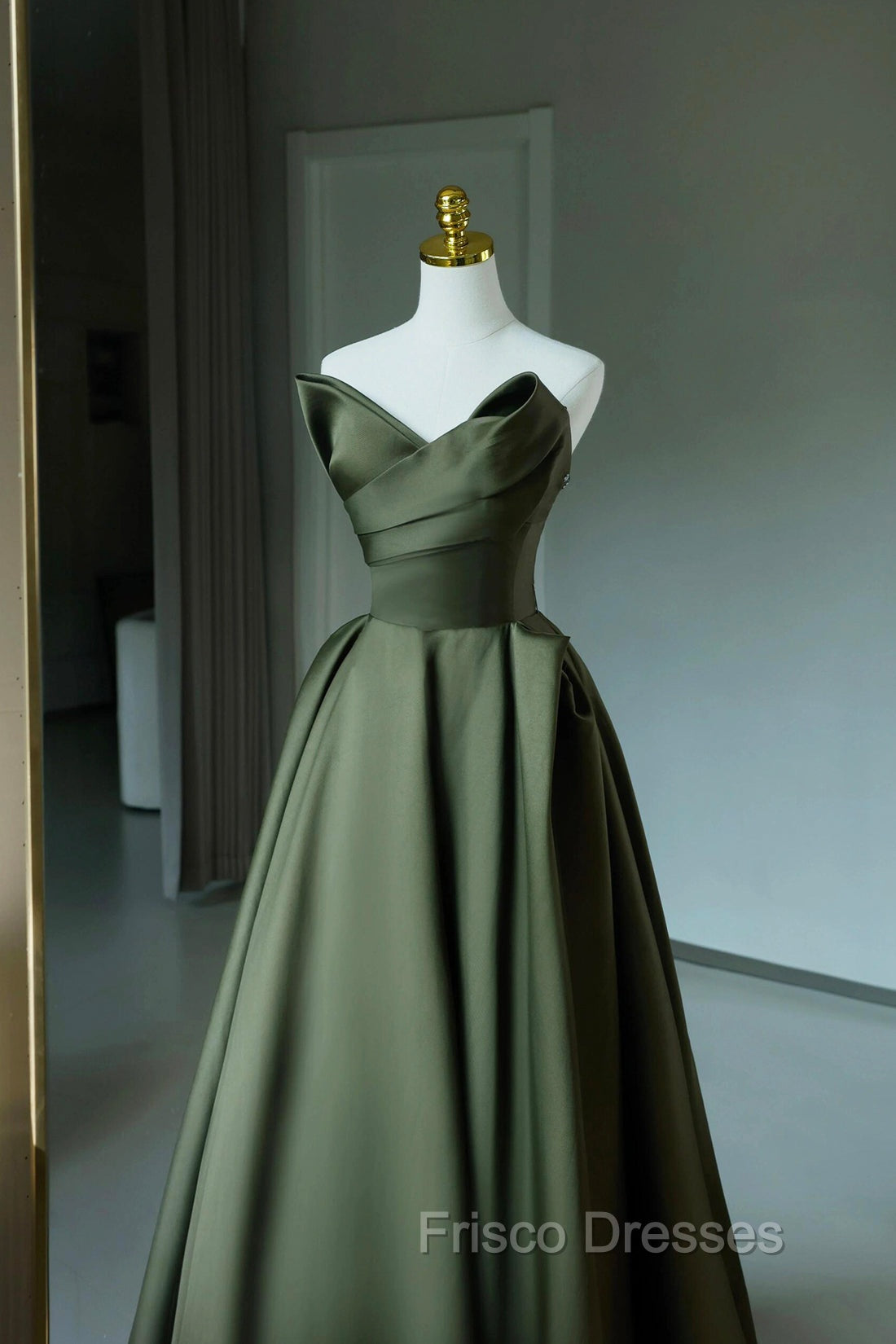 A-Line Strapless Satin Long Formal Prom Dress, Dark Green Evening Party Dress