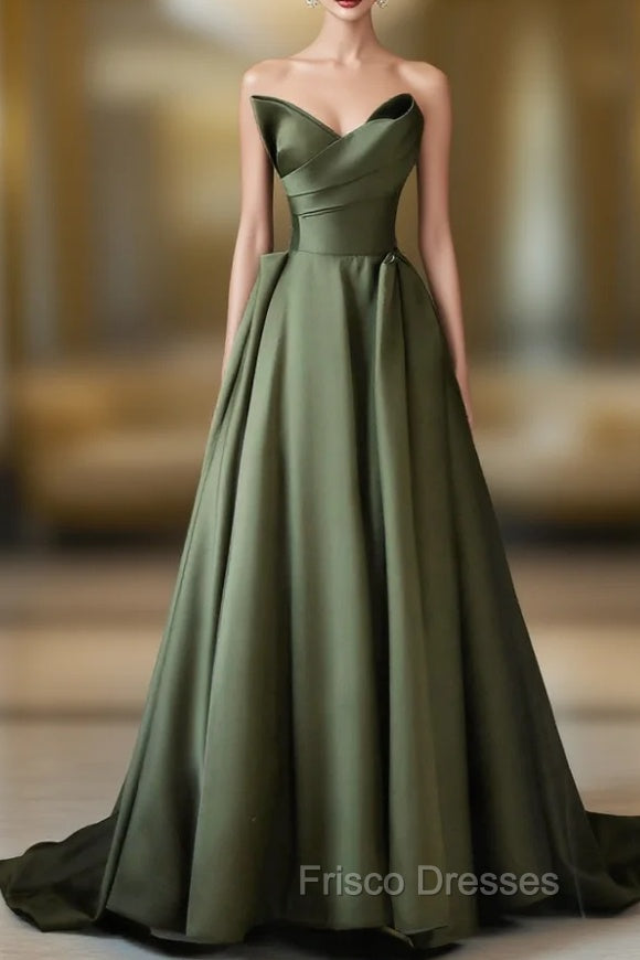 A-Line Strapless Satin Long Formal Prom Dress, Dark Green Evening Party Dress