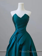 A-Line Strapless Satin Peacock Blue Long Formal Prom Dress, Simple Peacock Blue Evening Dress