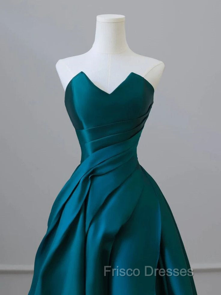 A-Line Strapless Satin Peacock Blue Long Formal Prom Dress, Simple Peacock Blue Evening Dress