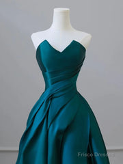 A-Line Strapless Satin Peacock Blue Long Prom Dress, Simple Peacock Blue Evening Dress