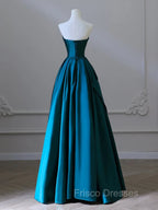 A-Line Strapless Satin Peacock Blue Long Formal Prom Dress, Simple Peacock Blue Evening Dress