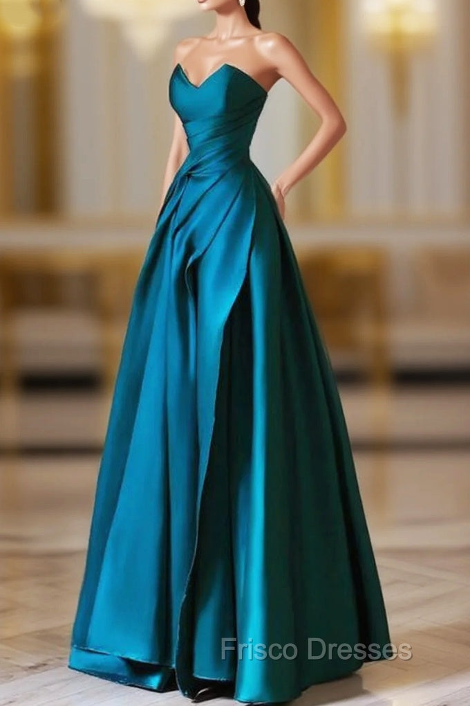 A-Line Strapless Satin Peacock Blue Long Formal Prom Dress, Simple Peacock Blue Evening Dress