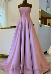 A-Line Strapless Satin Prom Dresses Mauve Pink Formal Gown Floor Length