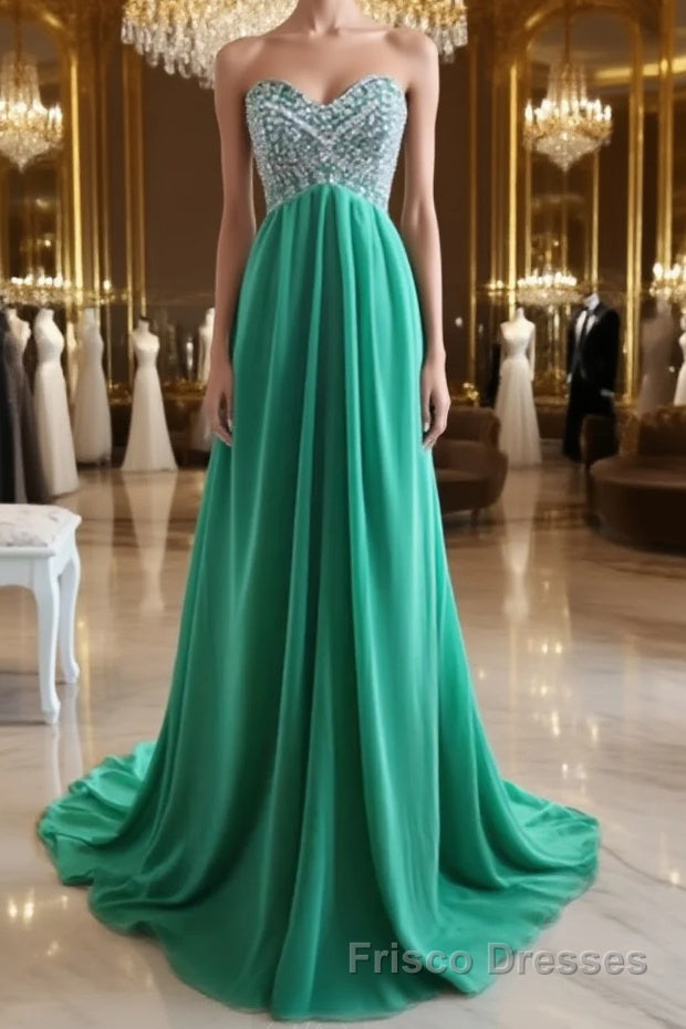 A-Line Strapless Sweetheart Neck Green Chiffon Long Formal Prom Dresses, Green Evening Dresses Main image
