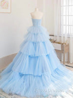 A line Strapless Tiered Tulle Formal Prom Dress