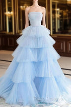 A line Strapless Tiered Tulle Formal Prom Dress