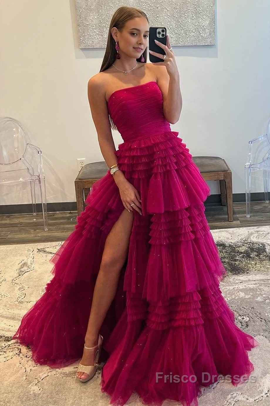 A-Line Strapless Tulle Long Prom Dress with Tiered Ruffles Secondary image